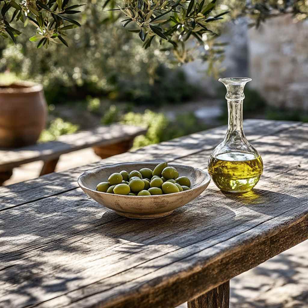 olive oil on a rustic wooden outdoor table with a bowl of green olives c40756cc fcfc 4b45 998c 3225cffd35ca